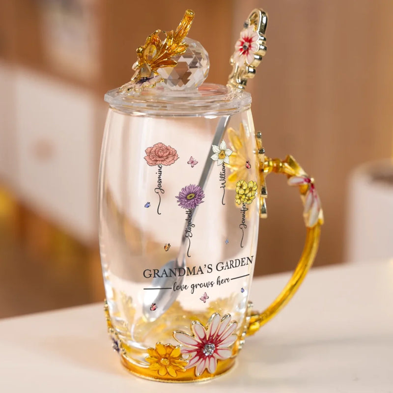 Love Grows Here - Family Personalized Custom Enamel Flower Tea Cup With Lid & Spoon - Mother's Day, Gift For Mom, Grandma