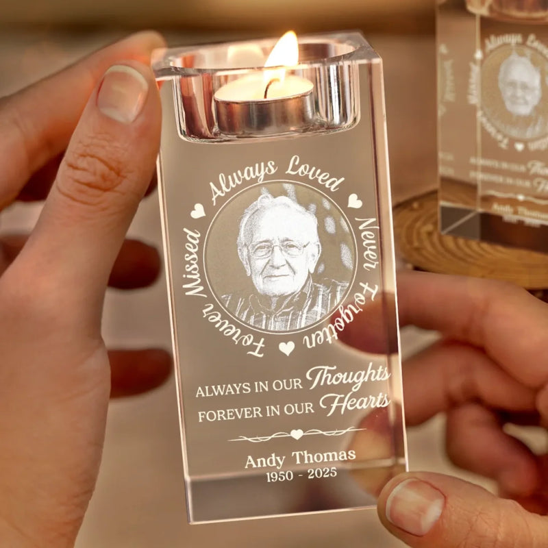 Custom Photo Your Love Leaves A Memory - Memorial Personalized Custom 3D Crystal Photo Laser Engraved, Crystal Candle Holder - Sympathy Gift For Family