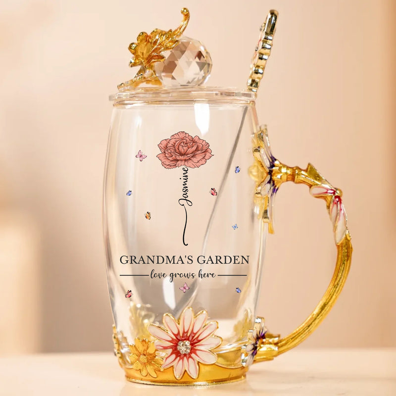 Love Grows Here - Family Personalized Custom Enamel Flower Tea Cup With Lid & Spoon - Mother's Day, Gift For Mom, Grandma