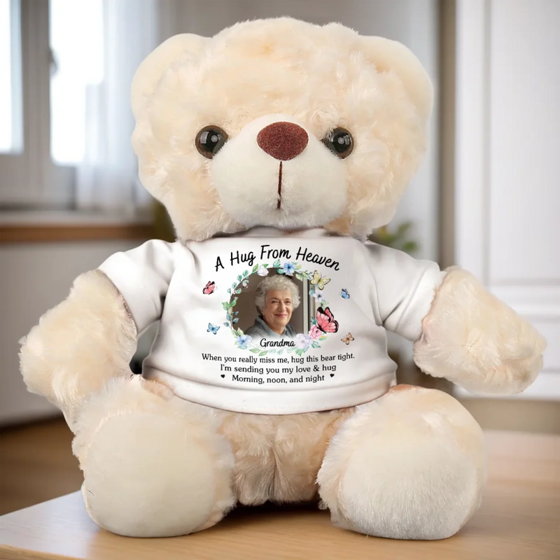 Custom Photo Sending Hugs From Above - Memorial Personalized Custom Teddy Bear Plush - Sympathy Gift For Family Members