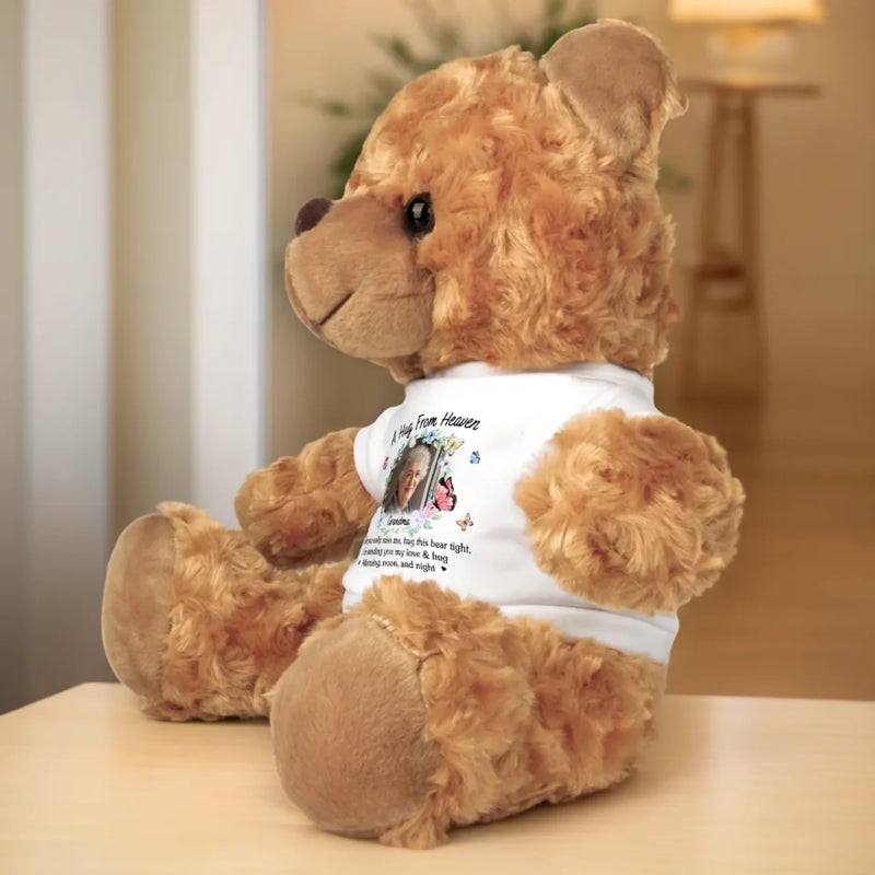 Custom Photo Sending Hugs From Above - Memorial Personalized Custom Teddy Bear Plush - Sympathy Gift For Family Members