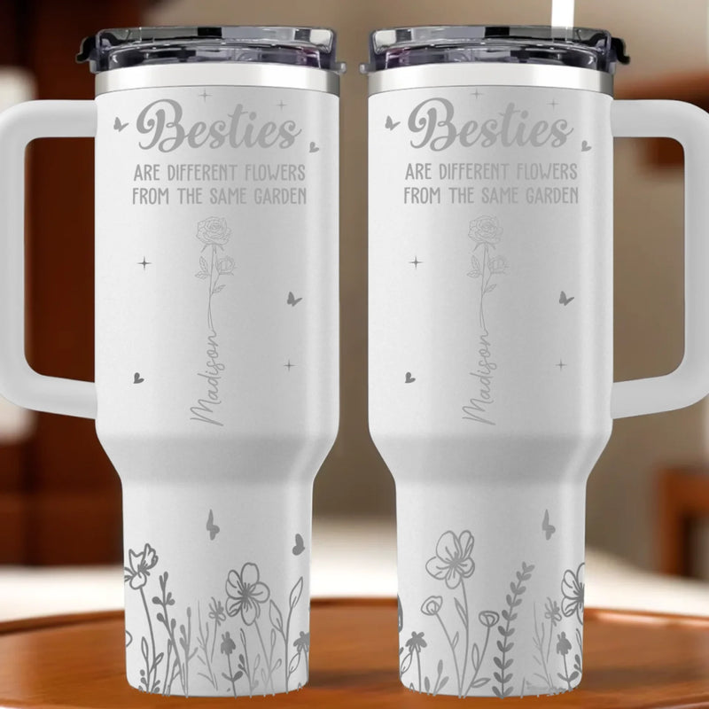 Friendship Blooms In The Heart - Bestie Personalized Custom Engraved 40oz Tumbler With Handle - Gift For Best Friends, BFF, Sisters