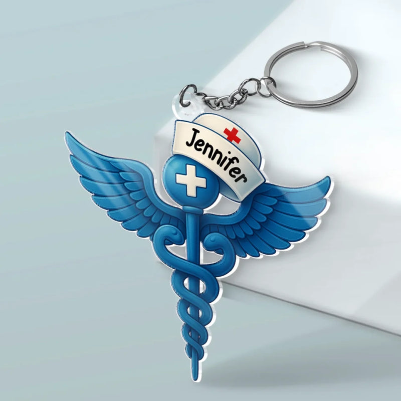 With Wings Of Compassion, I Serve - Nurse Personalized Custom Shaped Acrylic Keychain - Appreciation, Thank You Gift, Nurse Life, Doctor Life