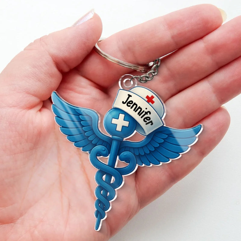 With Wings Of Compassion, I Serve - Nurse Personalized Custom Shaped Acrylic Keychain - Appreciation, Thank You Gift, Nurse Life, Doctor Life