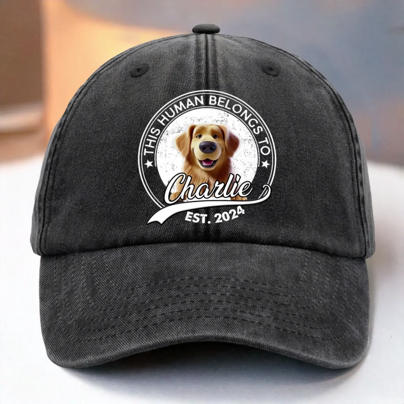 This Human Belongs To Me - Dog Personalized Custom Vintage Washed Denim Baseball Cap - Father's Day, Mother's Day, Gift For Mom, Dad, Pet Owners, Pet Lovers