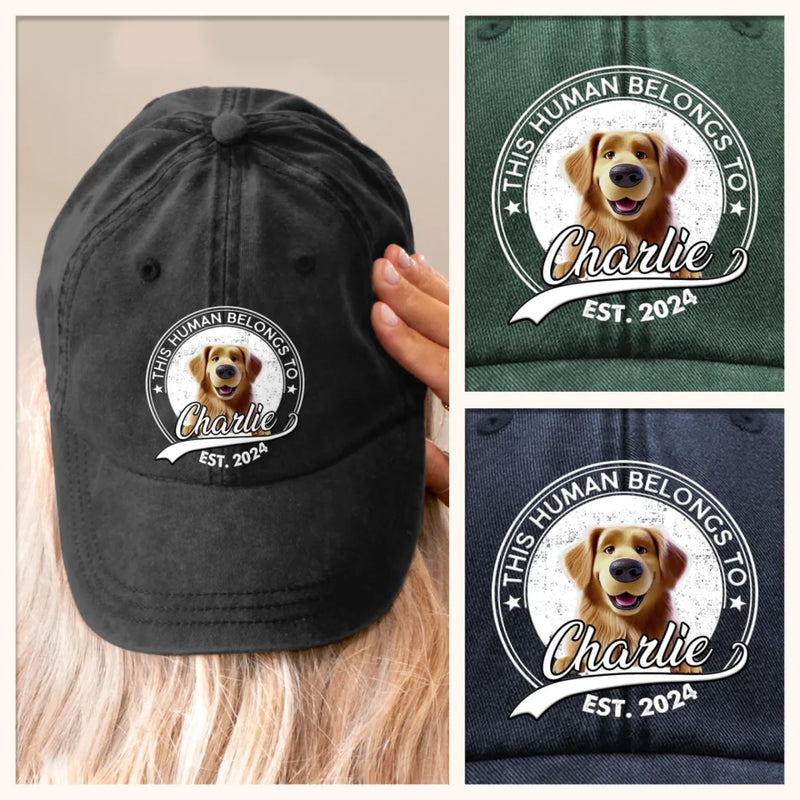 This Human Belongs To Me - Dog Personalized Custom Vintage Washed Denim Baseball Cap - Father's Day, Mother's Day, Gift For Mom, Dad, Pet Owners, Pet Lovers