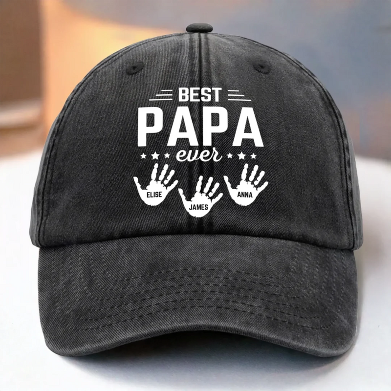 The Hands That Made Him Papa - Family Personalized Custom Vintage Washed Denim Baseball Cap - Father's Day, Gift For Dad, Grandpa