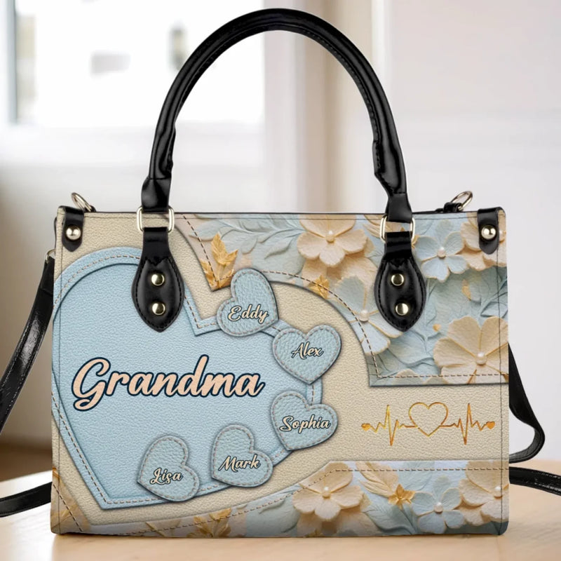 Grandma’s Heart Is Full - Family Personalized Custom Leather Handbag - Mother's Day, Gift For Mom, Grandma