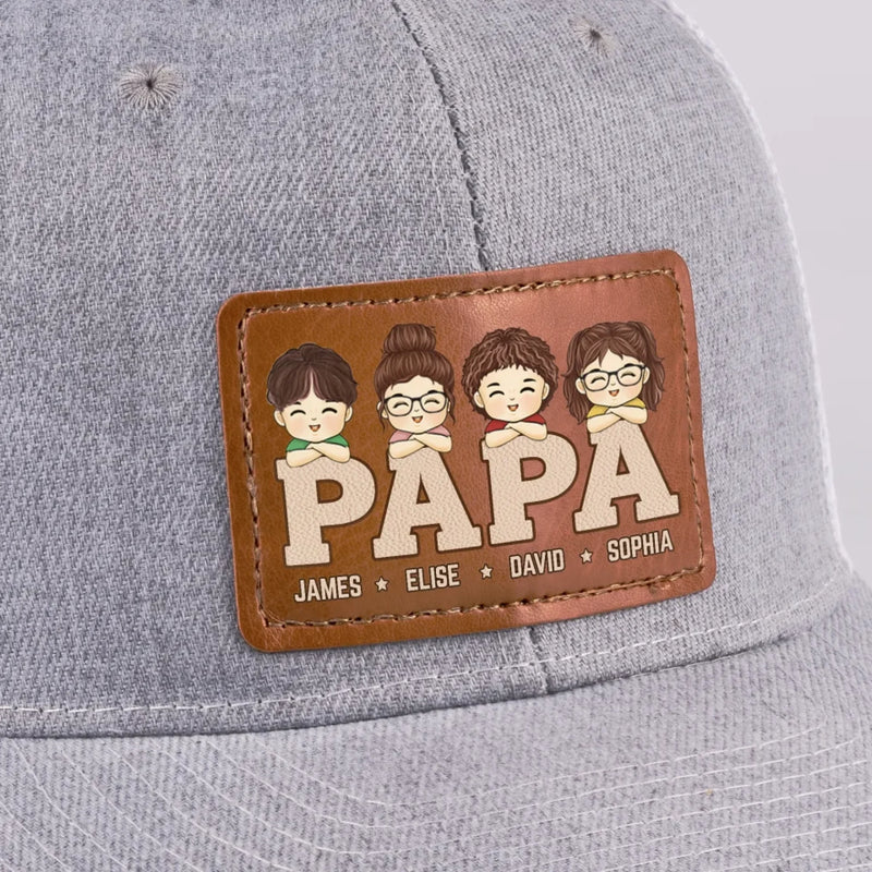 Papa, Loved By His Little Crew - Family Personalized Custom Leather Patch Hat - Father's Day, Gift For Dad, Grandpa