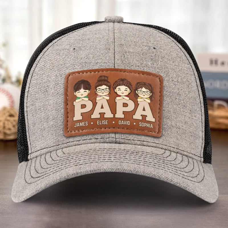 Papa, Loved By His Little Crew - Family Personalized Custom Leather Patch Hat - Father's Day, Gift For Dad, Grandpa