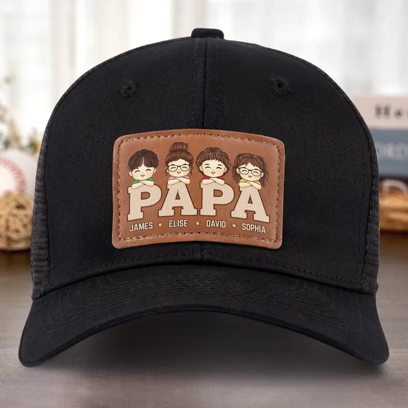 Papa, Loved By His Little Crew - Family Personalized Custom Leather Patch Hat - Father's Day, Gift For Dad, Grandpa