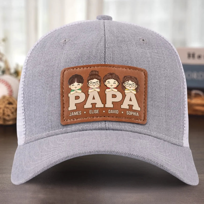 Papa, Loved By His Little Crew - Family Personalized Custom Leather Patch Hat - Father's Day, Gift For Dad, Grandpa