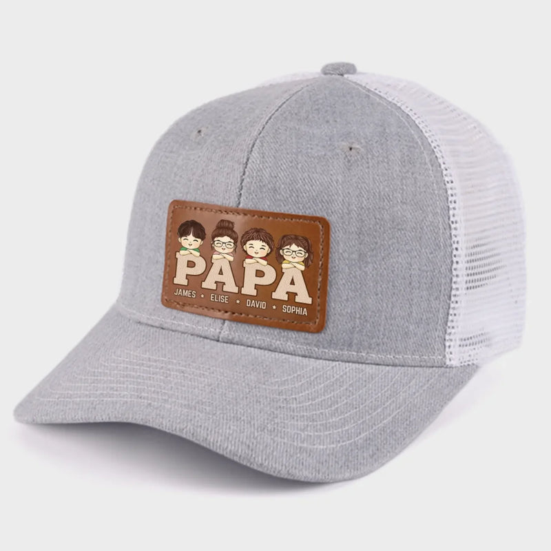 Papa, Loved By His Little Crew - Family Personalized Custom Leather Patch Hat - Father's Day, Gift For Dad, Grandpa