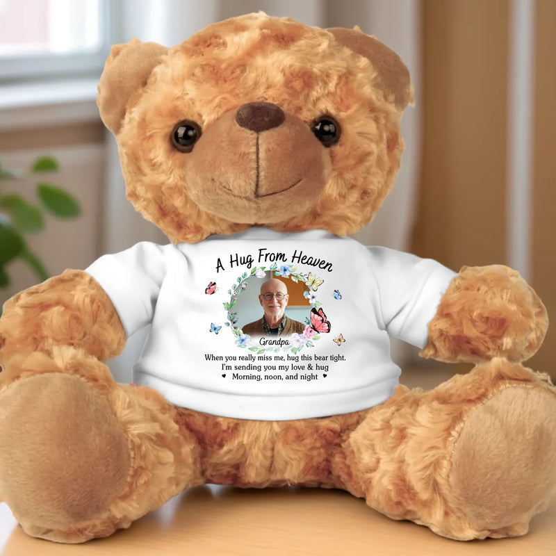 Custom Photo Sending Hugs From Above - Memorial Personalized Custom Teddy Bear Plush - Sympathy Gift For Family Members