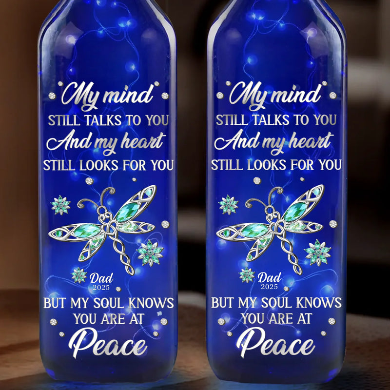 A Soul At Peace, A Love That Never Ends - Memorial Personalized Custom Blue Bottle Lamp - Sympathy Gift For Family Members