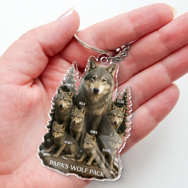 Wolf By Nature, Dad By Heart - Family Personalized Custom Shaped Acrylic Keychain - Father's Day, Gift For Dad, Grandpa