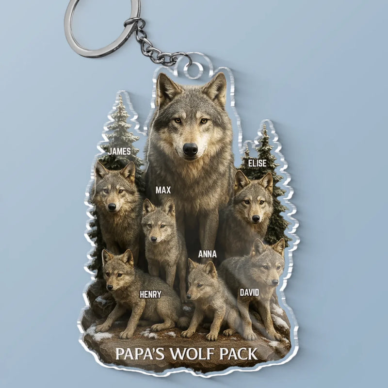 Wolf By Nature, Dad By Heart - Family Personalized Custom Shaped Acrylic Keychain - Father's Day, Gift For Dad, Grandpa