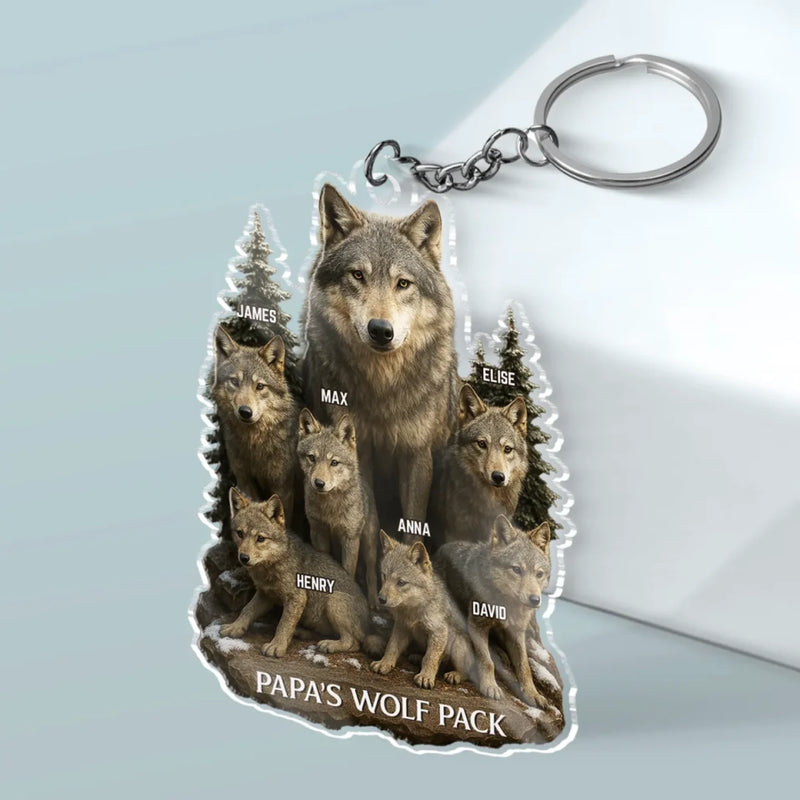 Wolf By Nature, Dad By Heart - Family Personalized Custom Shaped Acrylic Keychain - Father's Day, Gift For Dad, Grandpa
