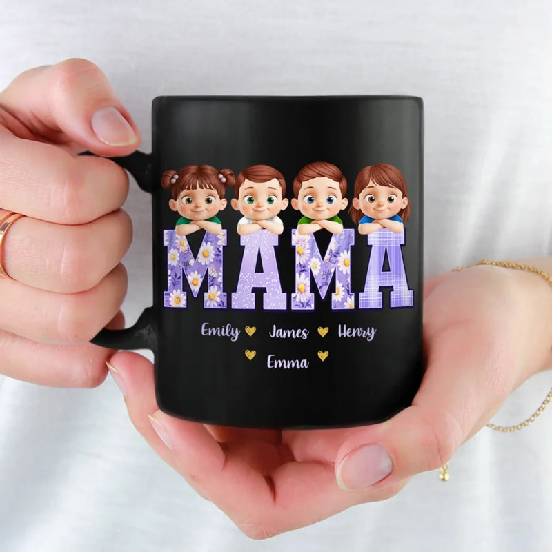 Our Hearts Belong To Mama - Family Personalized Custom Black Mug - Mother's Day, Gift For Mom, Grandma
