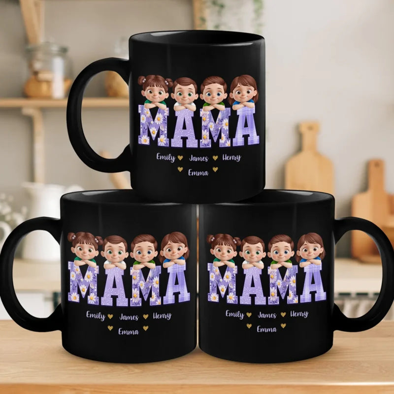 Our Hearts Belong To Mama - Family Personalized Custom Black Mug - Mother's Day, Gift For Mom, Grandma