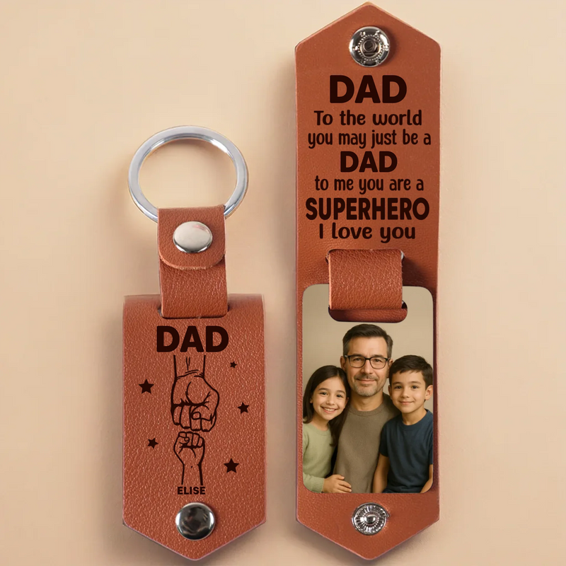 Custom Photo To Us You Are A Superhero - Family Personalized Custom Engraved Leather Keychain - Father's Day, Gift For Dad, Grandpa