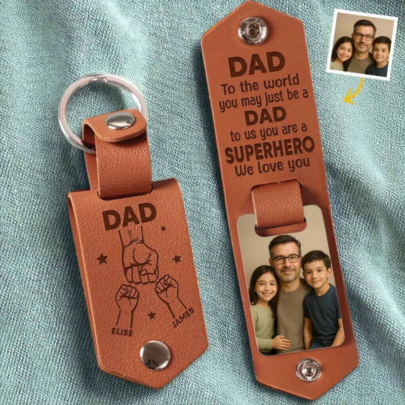Custom Photo To Us You Are A Superhero - Family Personalized Custom Engraved Leather Keychain - Father's Day, Gift For Dad, Grandpa