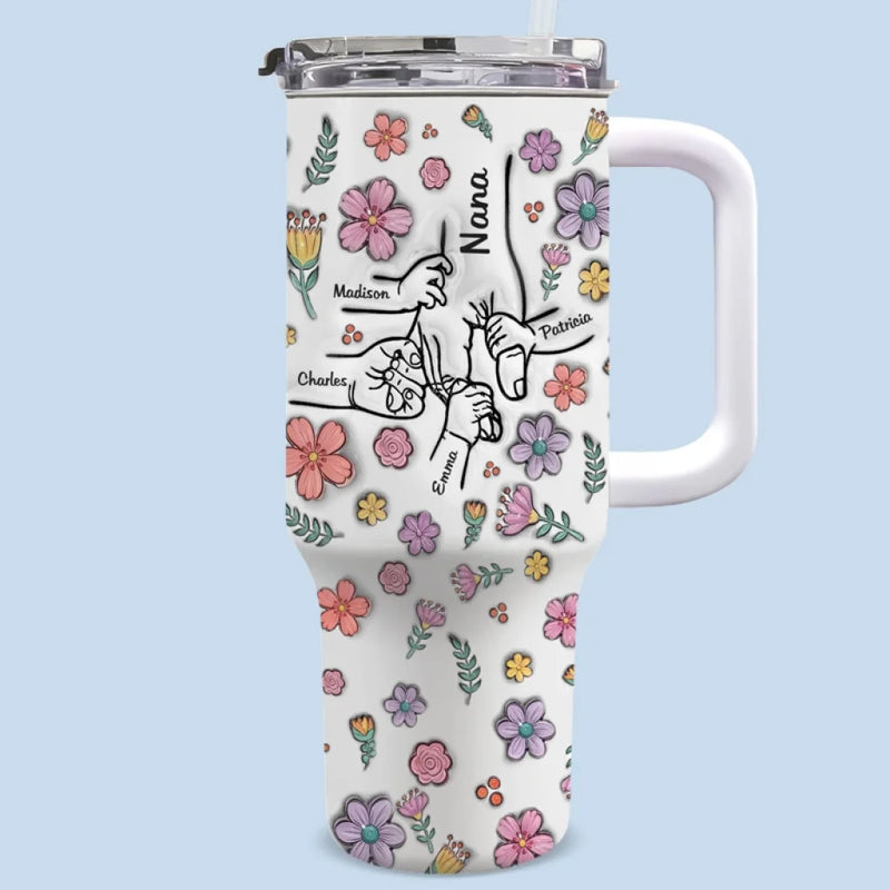 Holding Hearts Forever - Family Personalized Custom 3D Inflated Effect Printed 40 Oz Stainless Steel Tumbler With Handle - Mother's Day, Gift For Mom, Grandma