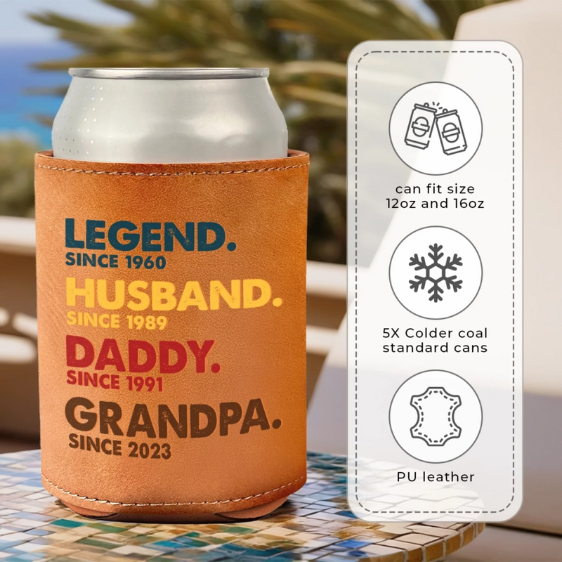 All In One Cool Guy - Family Personalized Custom Leather Can Cooler - Father's Day, Gift For Dad, Grandpa