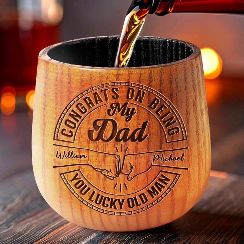 Fatherhood Looks Good On You, Old Man - Family Personalized Custom Wooden Whiskey Glass - Father's Day, Gift For Dad, Grandpa