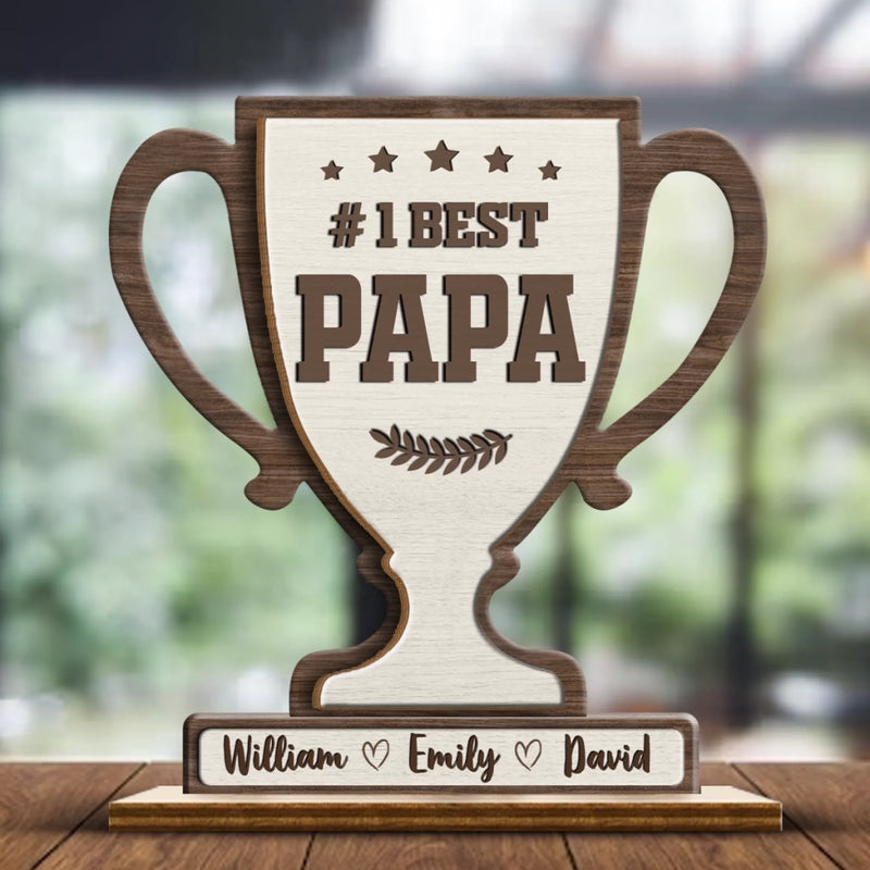 Our Champion, Our Dad - Family Personalized Custom 2-Layered Wooden Plaque With Stand - Father's Day, Gift For Dad, Grandpa