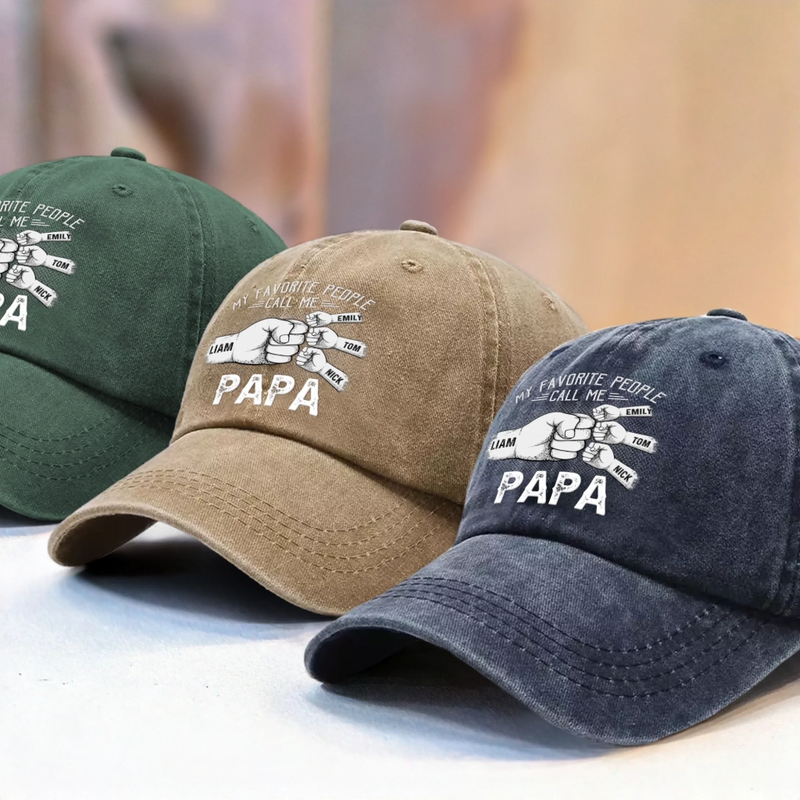 Papa’s Love, Wrapped Around Our Little Hands - Family Personalized Custom Vintage Washed Denim Baseball Cap - Father's Day, Gift For Dad, Grandpa