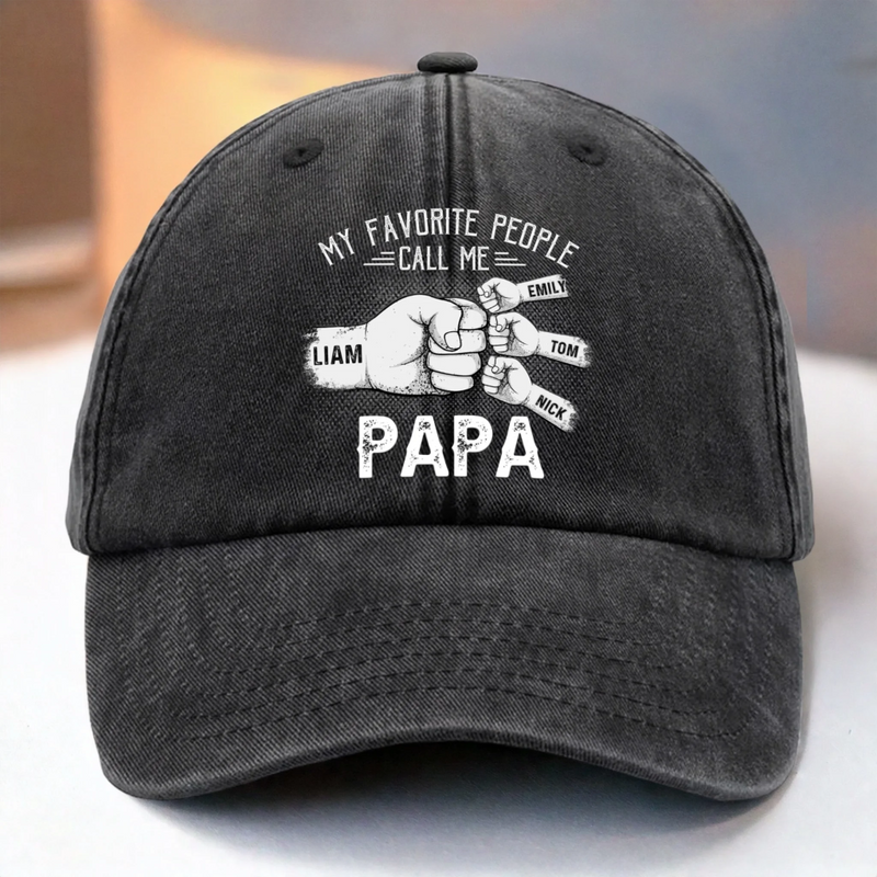 Papa’s Love, Wrapped Around Our Little Hands - Family Personalized Custom Vintage Washed Denim Baseball Cap - Father's Day, Gift For Dad, Grandpa