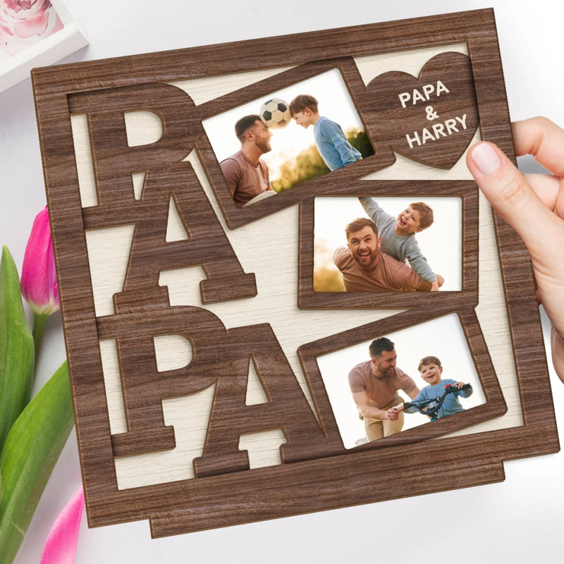 Custom Photo My Favorite Moments Are With Papa - Family Personalized Custom Shaped 2-Layered Wooden Plaque With Flat Stand - Father's Day, Gift For Dad