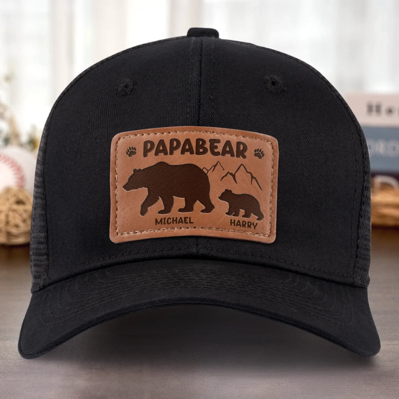 Papa Bear And His Cub - Family Personalized Custom Leather Patch Hat - Father's Day, Gift For Dad, Grandpa