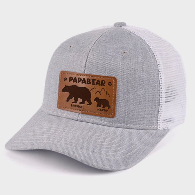 Papa Bear And His Cub - Family Personalized Custom Leather Patch Hat - Father's Day, Gift For Dad, Grandpa