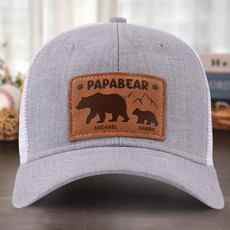 Papa Bear And His Cub - Family Personalized Custom Leather Patch Hat - Father's Day, Gift For Dad, Grandpa
