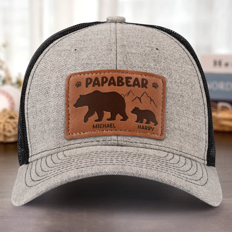 Papa Bear And His Cub - Family Personalized Custom Leather Patch Hat - Father's Day, Gift For Dad, Grandpa