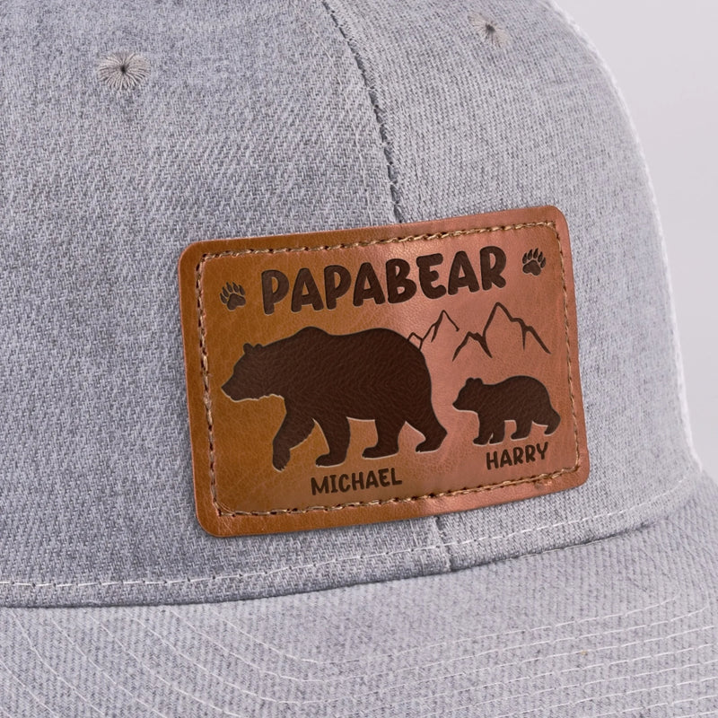 Papa Bear And His Cub - Family Personalized Custom Leather Patch Hat - Father's Day, Gift For Dad, Grandpa