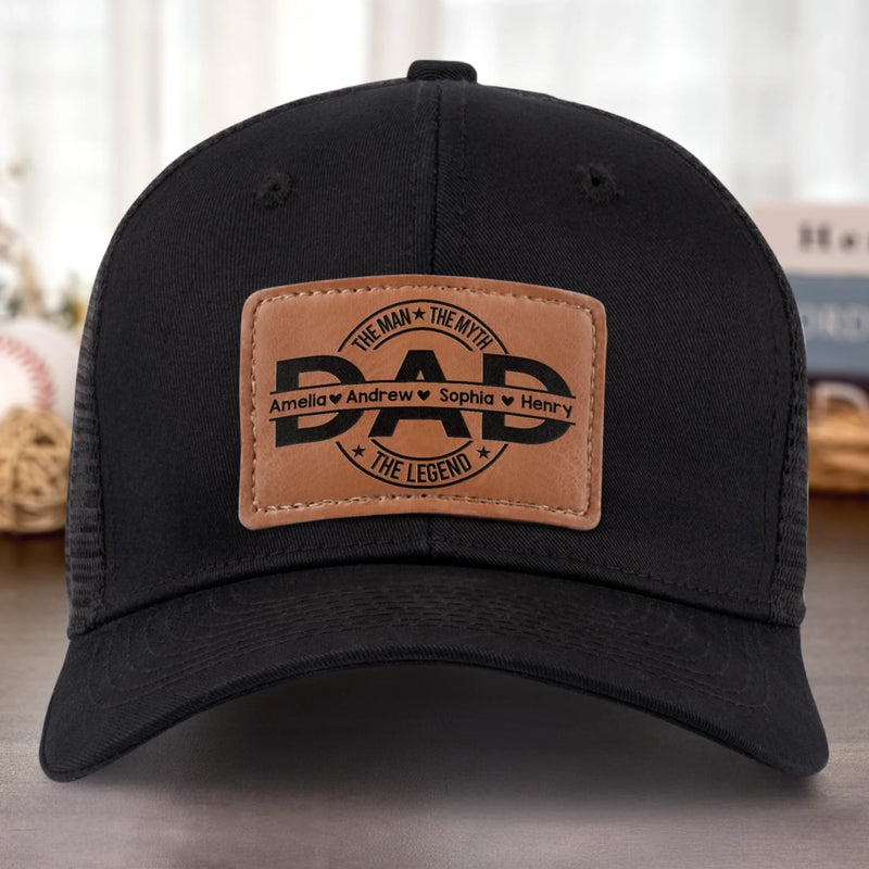 Father First Always Hero - Family Personalized Custom Leather Patch Hat - Father's Day, Gift For Dad, Grandpa