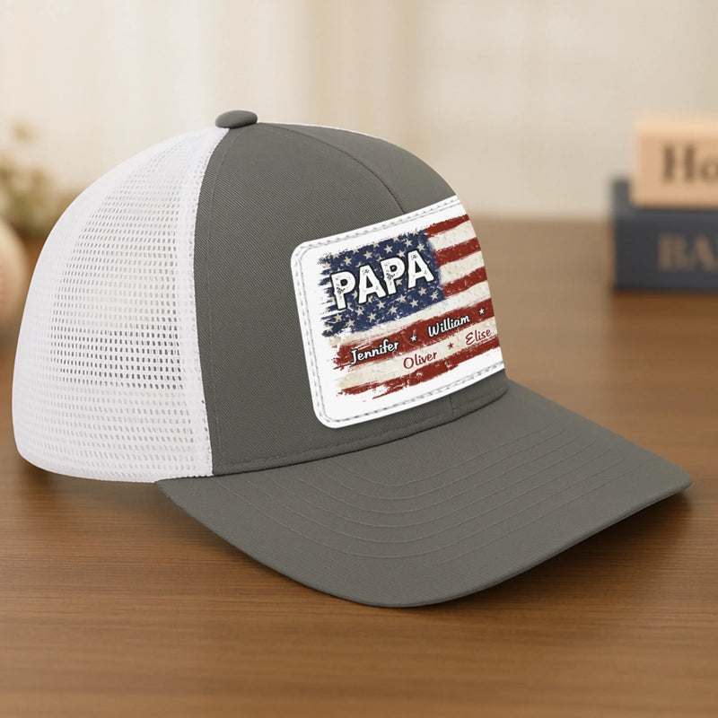 Family First Always - Family Personalized Custom Leather Patch Mesh Cap - Father's Day, Gift For Dad, Grandpa
