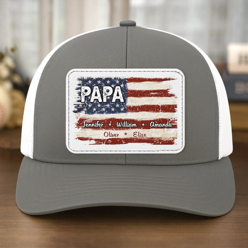 Family First Always - Family Personalized Custom Leather Patch Mesh Cap - Father's Day, Gift For Dad, Grandpa