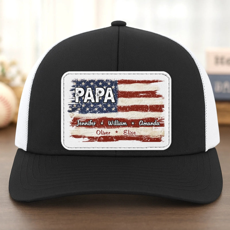 Family First Always - Family Personalized Custom Leather Patch Mesh Cap - Father's Day, Gift For Dad, Grandpa