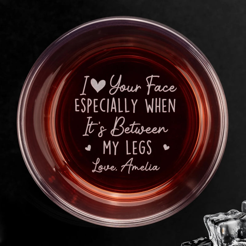 Custom Photo I Love Your Face - Couple Personalized Custom Whiskey Glass With Bottom And Side Engraving - Gift For Husband Wife, Anniversary