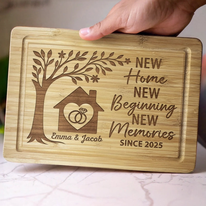 First Home, Best Memories - Couple Personalized Custom Engraved Wooden Cutting Board - Gift For Husband Wife, Anniversary