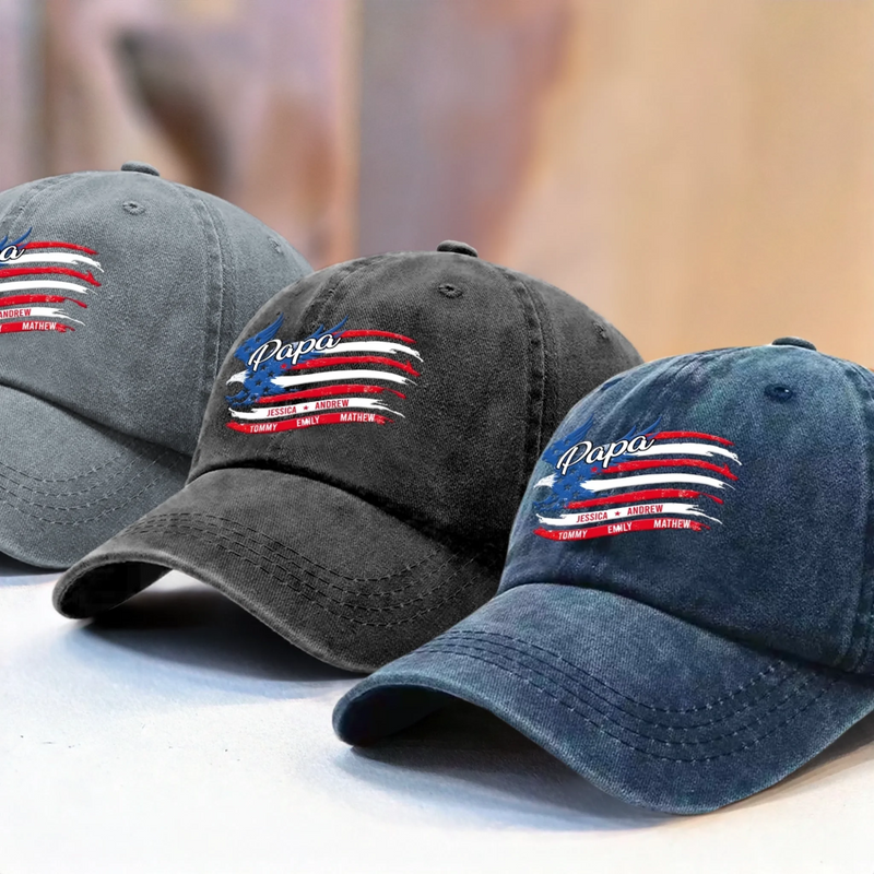 Forever Papa - Family Personalized Custom Vintage Washed Denim Baseball Cap US - 4th Of July, Gift For Dad, Grandpa