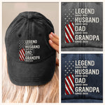 Born To Be A Legend - Family Personalized Custom Vintage Washed Denim Baseball Cap US - 4th Of July, Gift For Husband, Dad, Grandpa