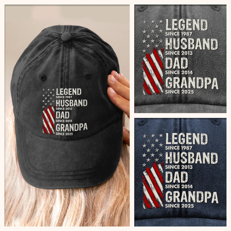Born To Be A Legend - Family Personalized Custom Vintage Washed Denim Baseball Cap US - 4th Of July, Gift For Dad, Grandpa