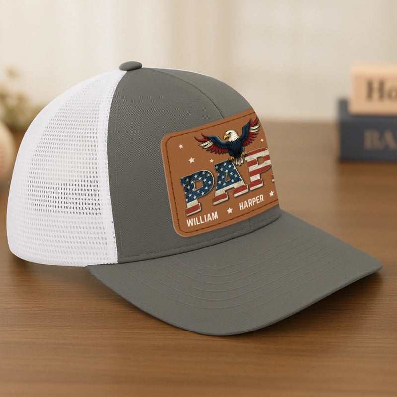 Built Like A Rock, Loves Like A Patriot - Family Personalized Custom Leather Patch Mesh Cap - 4th Of July, Gift For Dad, Grandpa
