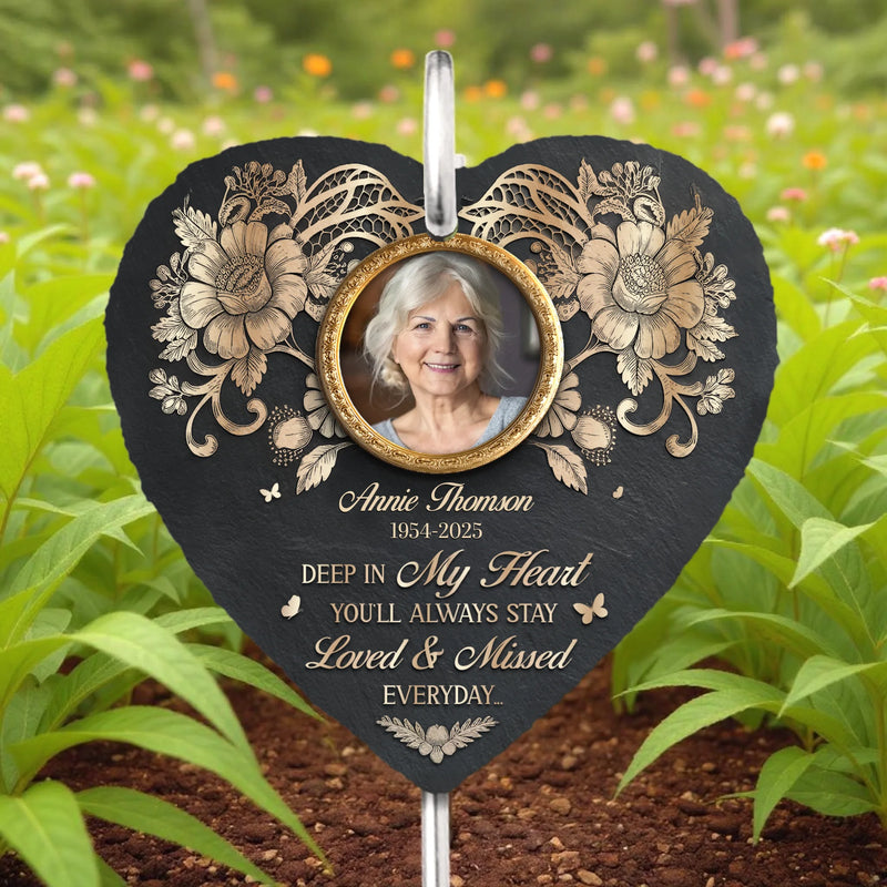 Custom Photo Always In My Heart - Memorial Personalized Memorial Garden Slate & Hook - Sympathy Gift For Family Members
