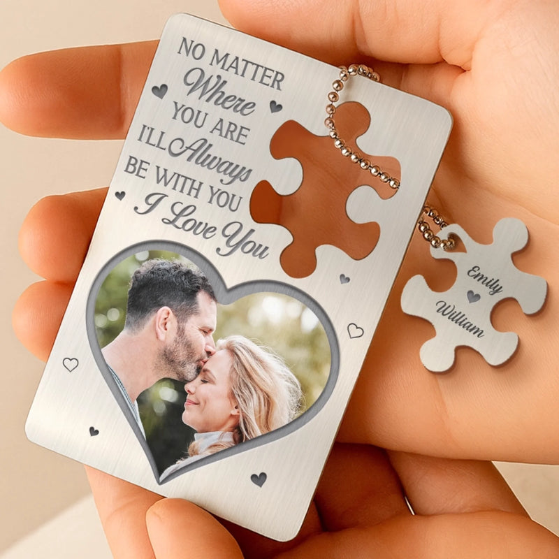 Custom Photo Piece By Piece, You Complete Me - Couple Personalized Custom Metal Wallet Card With Charm - Gift For Husband Wife, Anniversary